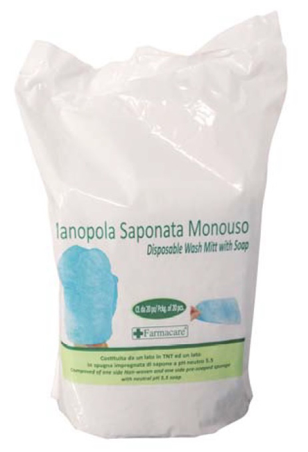 MANOPOLA MONOUSO PER LAVAGGI PARZIALI COMPOSTA DA UNA SPUGNA IN POLIESTERE SAPONATA E DA UN DRAPPO IN TESSUTO NON TESSUTO SENZA RISCIACQUO DETERGENTE A PH ISOCUTANEO - Fontenova srl