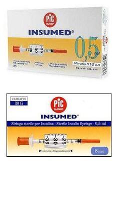 SIRINGA PER INSULINA PIC INSUMED 0,5 ML 100 UI AGO GAUGE 29 LUNGHEZZA 12,7 MM SENZA SPAZIO MORTO 3 SACCHETTI DA 30 PEZZI - Fontenova srl