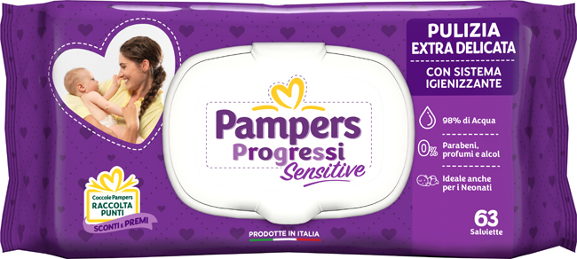 PAMPERS PROGRESSI SALVIETTE SENSITIVE ALOE RICARICA 63 PEZZI - Fontenova srl