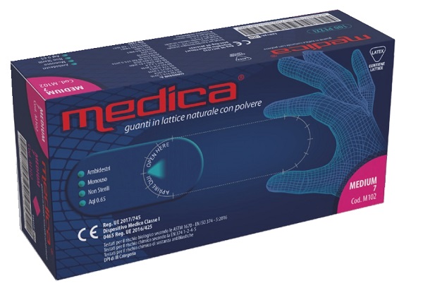 GUANTO IN LATTICE NATURALE CON POLVERE LUBRIFICANTE MEDICA L 100 PEZZI - Fontenova srl