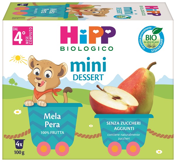 HIPP BIO MINI DESSERT MELA/PERA 4 VASETTI X 100 G SENZA ZUCCHERI AGGIUNTI E SENZA GLUTINE - Fontenova srl