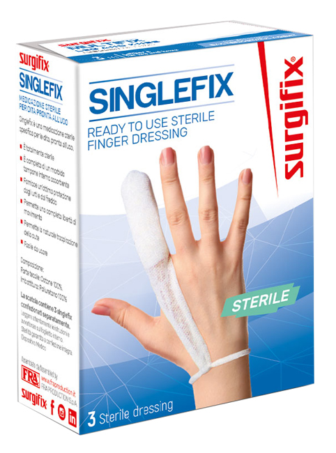 MEDICAZIONE STERILE PER DITO SINGLEFIX, COSTITUITA DA UNA GUAINA IN COTONE E DA UN'IMBOTTITURA INTERNA ASSORBENTE. SI APPLICA DIRETTAMENTE SULLA FERITA E SI FISSA AL POLSO - Fontenova srl
