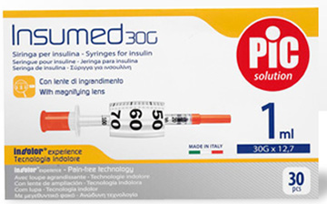 SIRINGA INSULINA PIC INSUMED 1 ML 100 UI AGO GAUGE 30 12,7 MM SENZA SPAZIO MORTO 30 PEZZI - Fontenova srl