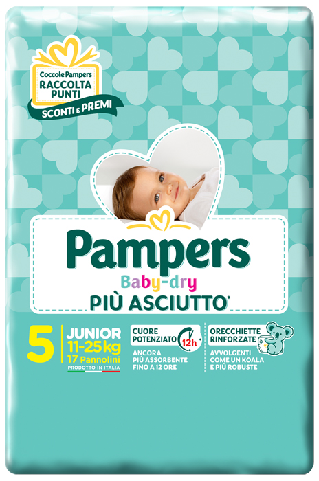 PANNOLINI PER BAMBINI PAMPERS BABY DRY DOWNCOUNT NO FLASH JUNIOR 17 PEZZI - Fontenova srl
