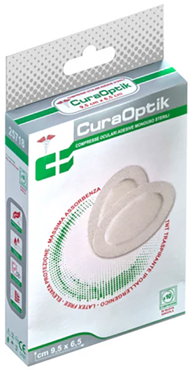 COMPRESSA OCULARE STERILE ADESIVA CURA OPTIK IN PURO COTONE PER MEDICAZIONE MONOUSO AD INCARTO SINGOLO 10 PEZZI - Fontenova srl