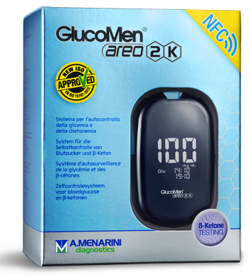 GLUCOMETRO GLUCOMEN AREO 2K PER AUTOMISURAZIONE DELLA GLICEMIA DA SANGUE INTERO CAPILLARE DIMENSIONE 85,5X56X18,2 MM PESO 46 G - Fontenova srl