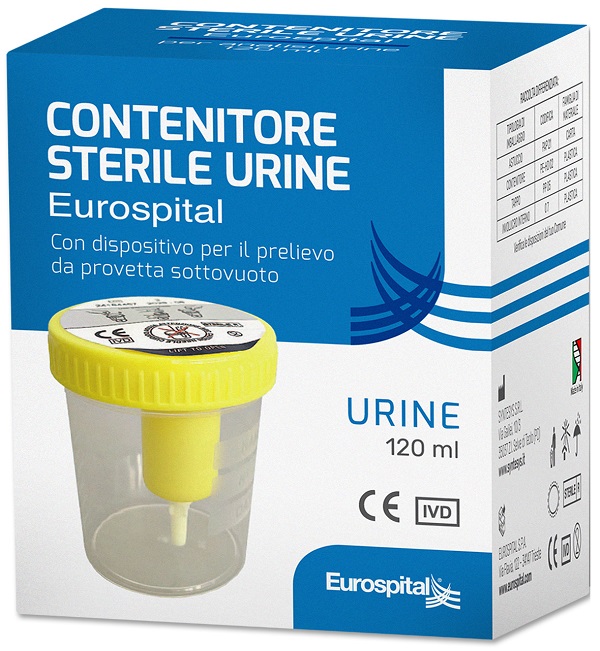 CONTENITORE URINA 120 ML STERILE CON TAPPO GIALLO IN ASTUCCIO EUROSPITAL - Fontenova srl