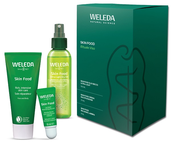 SKIN FOOD RITUALE VISO 25 1 SKIN FOOD OLIO SECCO ULTRA LIGHT 100 ML + 1 SKIN FOOD CREMA MULTIFUNZIONE 75 ML + 1 SKIN FOOD BALSAMO LABBRA 8 ML - Fontenova srl