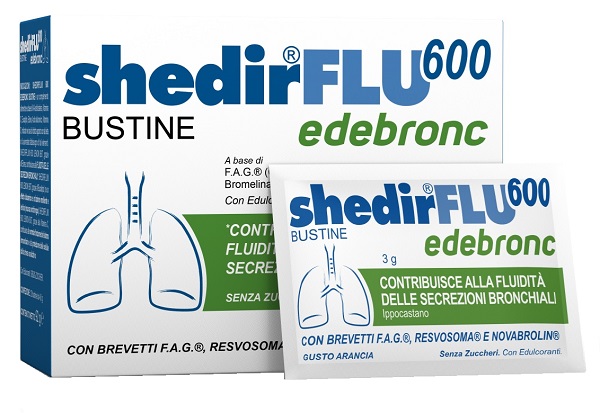 SHEDIRFLU 600 EDEBRONC 20 BUSTINE DA 3 G GUSTO ARANCIA, SENZA GLUTINE, NATURALMENTE PRIVO DI LATTOSIO, SENZA ZUCCHERI, CON EDULCORANTE - Fontenova srl