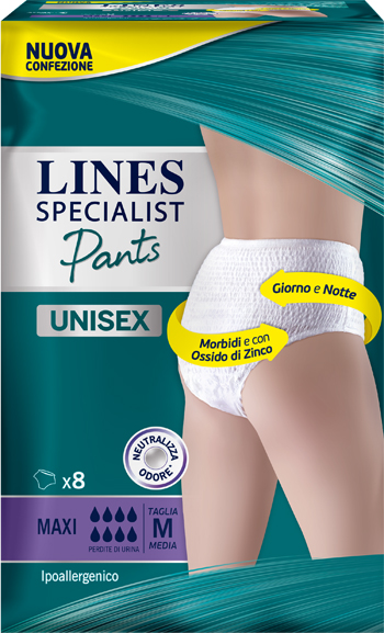 LINES SPECIALIST PANTS MAXI M X 8 PANNOLONE MUTANDINA INDOSSABILE COME NORMALE BIANCHERIA TIPO PULL-ON - Fontenova srl