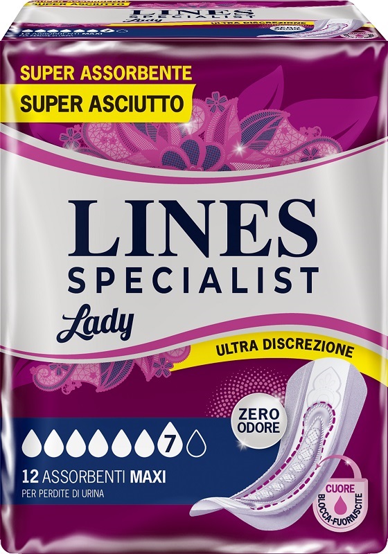 ASSORBENTI PER INCONTINENZA LINES SPECIALIST LADY ULTRA DISCREZIONE 7 MAXI 12 PEZZI - Fontenova srl