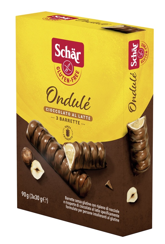 SCHAR ONDULE' BARRETTE CON RIPIENO DI NOCCIOLE RICOPERTE DI CIOCCOLATO AL LATTE 3 PORZIONI DA 30 G - Fontenova srl