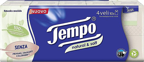 TEMPO FAZZOLETTI NATURAL&SOFT 10 PEZZI DA 9 FAZZOLETTI - Fontenova srl