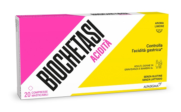 BIOCHETASI ACIDITA' 20 COMPRESSE MASTICABILI AROMA LIMONE SENZA GLUTINE SENZA LATTOSIO - Fontenova srl