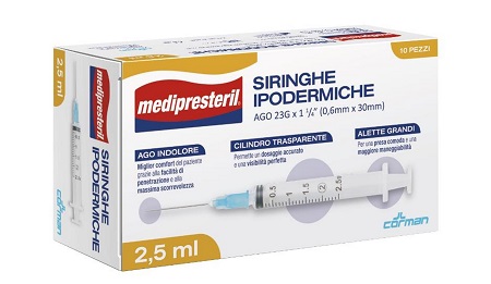 SIRINGA IPODERMICA MEDIPRESTERIL AGO 23 GAUGE 1 1/4 0,6X30MM 2,5 ML 10 PEZZI - Fontenova srl