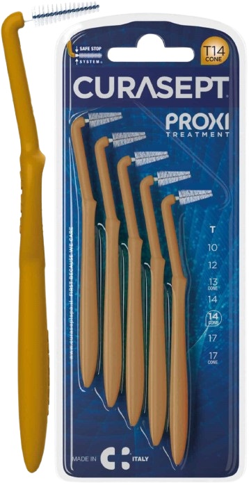 SCOVOLINO CURASEPT PROXI ANGLE MISURA T14 CONICO ISO 4 COLORE OCRA DIAMETRO 1,4 MM 5 PEZZI - Fontenova srl