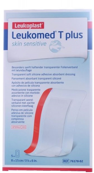 MEDICAZIONE POST-OPERATORIA LEUKOMED T PLUS SKIN SENSITIVE TRASPARENTE IMPERMEABILE CON MASSA ADESIVA AL SILICONE 8X15CM 5 PEZZI - Fontenova srl