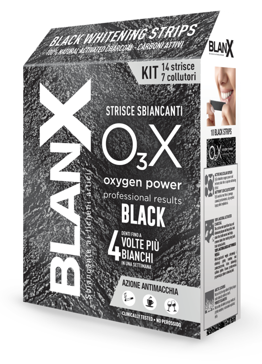 BLANX O3X BLACK STRISCE SBIANCANTI E ANTIMACCHIA 14 PEZZI - Fontenova srl
