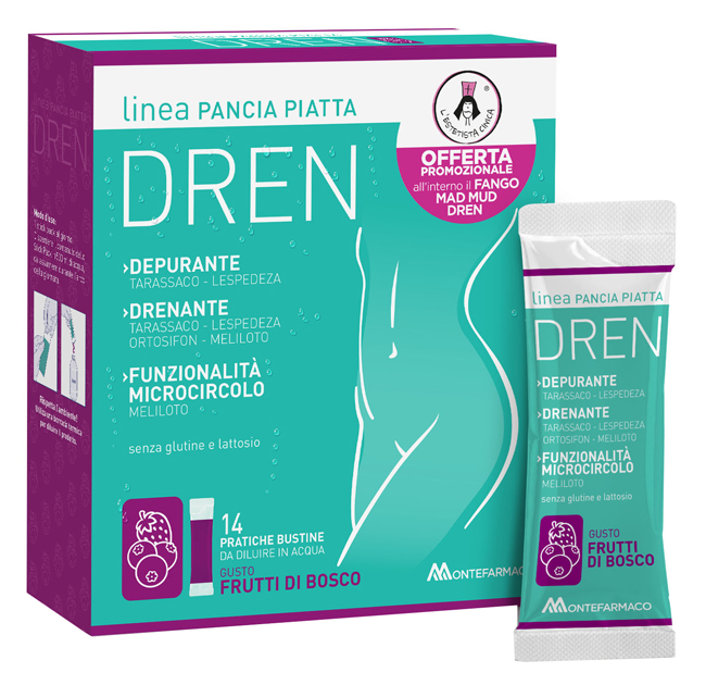 PANCIA PIATTA DREN FRUTTI DI BOSCO 14 BUSTINE STICK PACK + FANGO ATTIVO CELLULITE 100 ML OMAGGIO - Fontenova srl