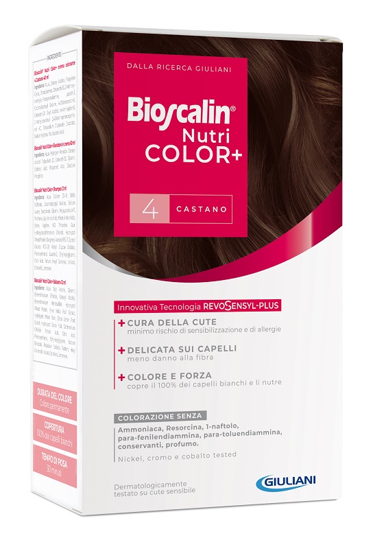 BIOSCALIN NUTRICOLOR PLUS 4 CASTANO CREMA COLORANTE 40 ML + RIVELATORE CREMA 60 ML + SHAMPOO 12 ML + TRATTAMENTO FINALE BALSAMO 12 ML - Fontenova srl