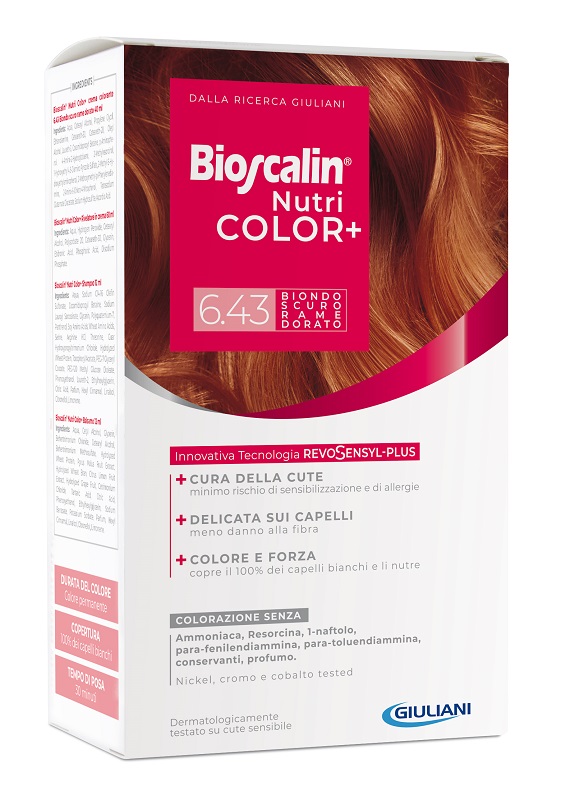 BIOSCALIN NUTRICOLOR PLUS 6,43 BIONDO SCURO RAME DORATO CREMA COLORANTE 40 ML + RIVELATORE CREMA 60 ML + SHAMPOO 12 ML + TRATTAMENTO FINALE BALSAMO 12 ML - Fontenova srl