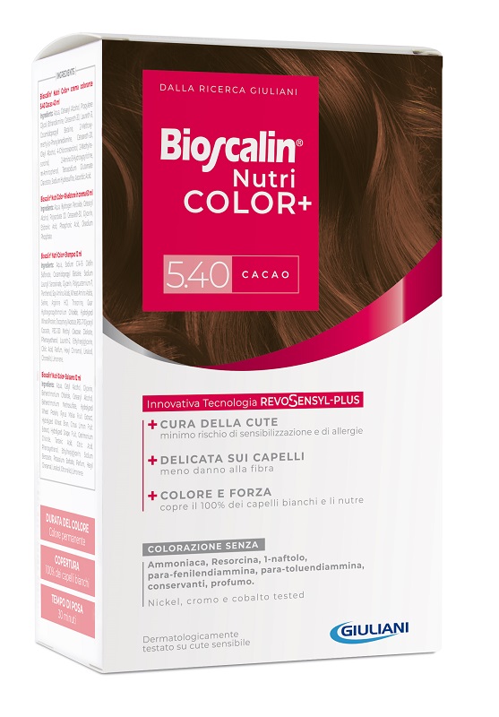 BIOSCALIN NUTRICOLOR PLUS 5,40 CACAO CREMA COLORANTE 40 ML + RIVELATORE CREMA 60 ML + SHAMPOO 12 ML + TRATTAMENTO FINALE BALSAMO 12 ML - Fontenova srl