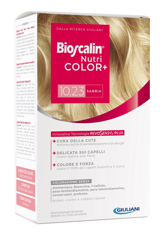 BIOSCALIN NUTRICOLOR PLUS 10,23 SABBIA CREMA COLORANTE 40 ML + RIVELATORE CREMA 60 ML + SHAMPOO 12 ML + TRATTAMENTO FINALE BALSAMO 12 ML - Fontenova srl