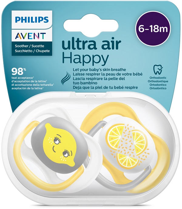 AVENT ULTRA AIR CIUCCIO ORTODONTICO 6-18 MESI NEUTRO/LIMONI 2 PEZZI - Fontenova srl