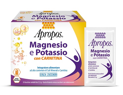 APROPOS MAGNESIO E POTASSIO CON CARNITINA 24 BUSTINE SOLUBILI DA 3,5 G GUSTO ARANCIA SENZA ZUCCHERI - Fontenova srl