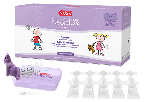 NEBIAL 3% KIT 20 FLACONCINI MONODOSE 5ML SOLUZIONE IPERTONICA CON ACIDO IALURONICO + NEBULIZZATORE SPRAY-SOL - Fontenova srl