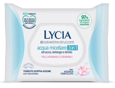LYCIA SALVIETTINE STRUCCANTI ACQUA MICELLARE 3 IN 1 20 PEZZI - Fontenova srl