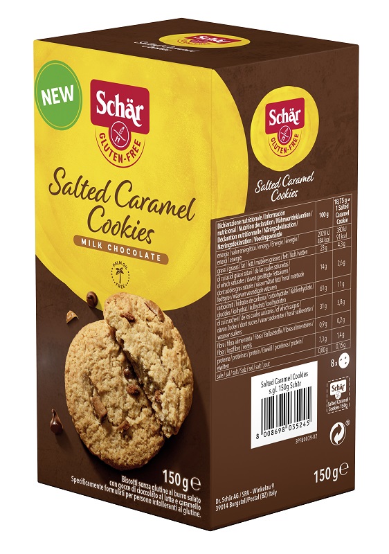 SCHAR SALTED CARAMEL COOKIES CON GOCCE DI CIOCCOLATO AL LATTE E CARAMELLO 150 G - Fontenova srl