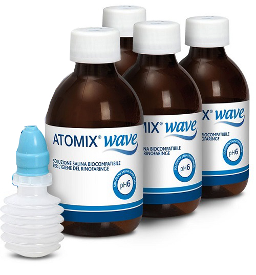 ATOMIX WAVE DISPOSITIVO PER IGIENE RINOFARINGEA ATOMIX SOLUZIONE SALINA 4 FLACONI DA 250 ML - Fontenova srl