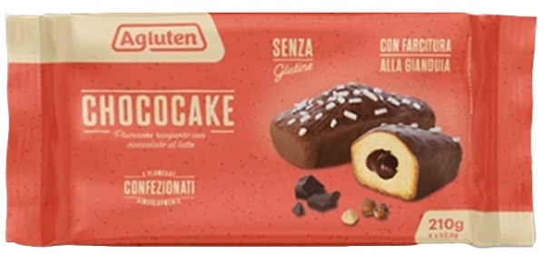 AGLUTEN CHOCOCAKE 4 PLUMCAKE RICOPERTI CON CIOCCOLATO AL LATTE CON FARCITURA ALLA GIANDUIA DA 52,5G - Fontenova srl