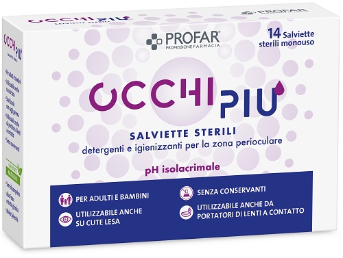 SALVIETTE STERILI DETERGENTI E IGIENIZZANTI PROFAR OCCHIPIU' PER LA ZONA PERIOCULARE 14 PEZZI - Fontenova srl