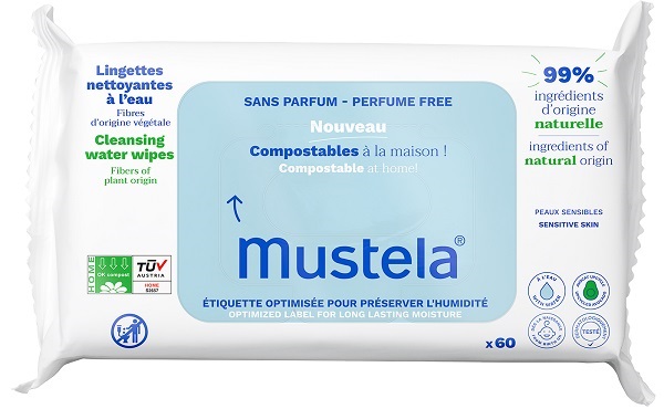 MUSTELA SALVIETTE ACQUA COMPOSTABILI SENZA PROFUMO 60 PEZZI - Fontenova srl