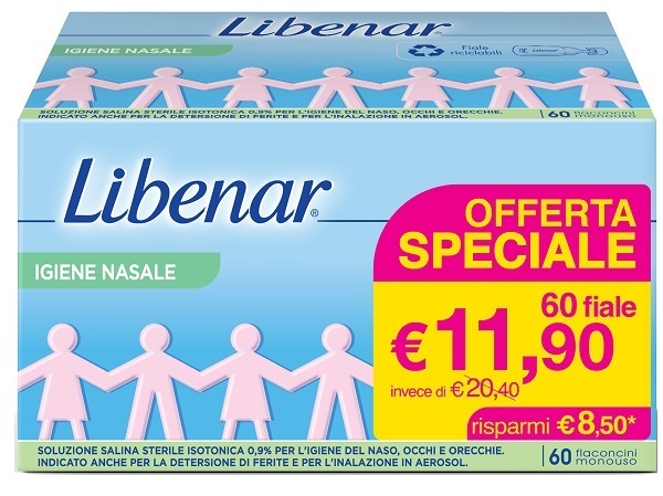 SOLUZIONE SALINA ISOTONICA 0,9% LIBENAR PER IGIENE NASALE 60 FLACONCINI MONOUSO X 5 ML - Fontenova srl