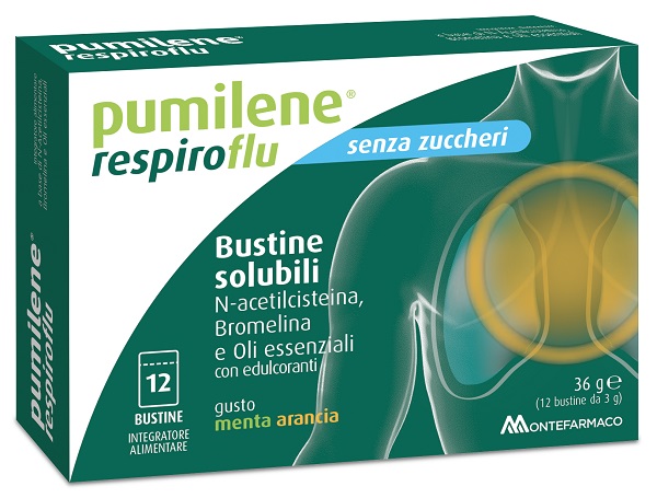 PUMILENE RESPIROFLU SENZA ZUCCHERO 12 BUSTINE GUSTO MENTA ARANCIA 36 G - Fontenova srl